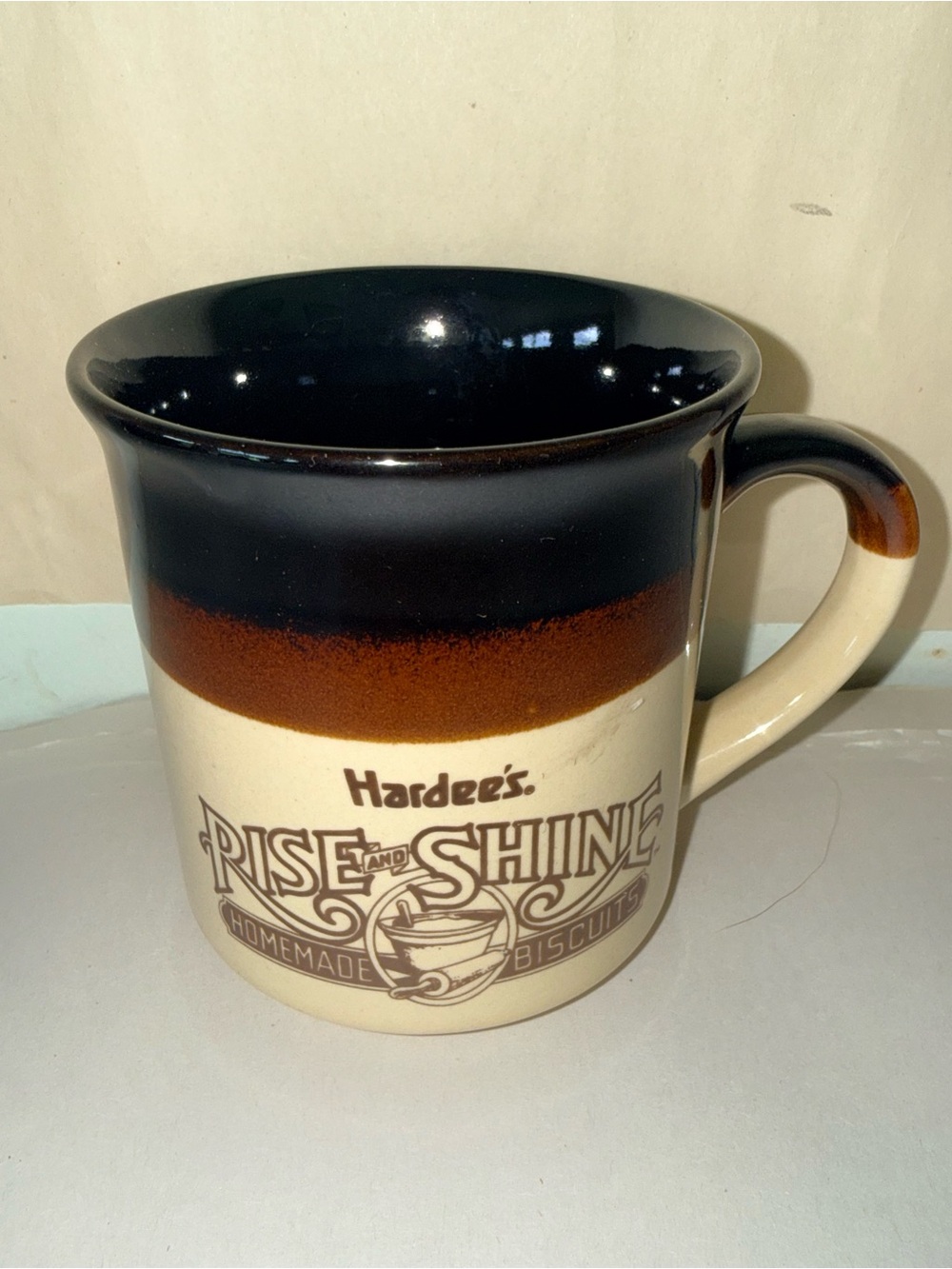 Vintage 1989 Hardees Rise & Shine Two-Tone Ceramic Mug - Brown and Black